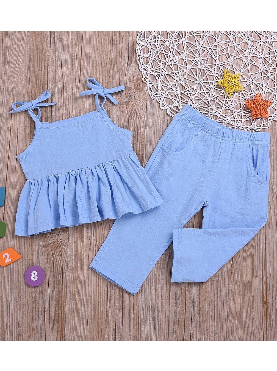 Baby Little Girl Blue Tie Ruffle Top with Pants