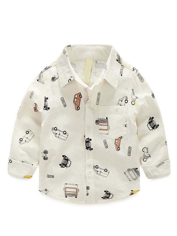 Toddler Boys Cars Printed White Long-sleeved Shirt