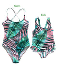 Leaf Print One-Piece Swimwear for Mom and Daughter