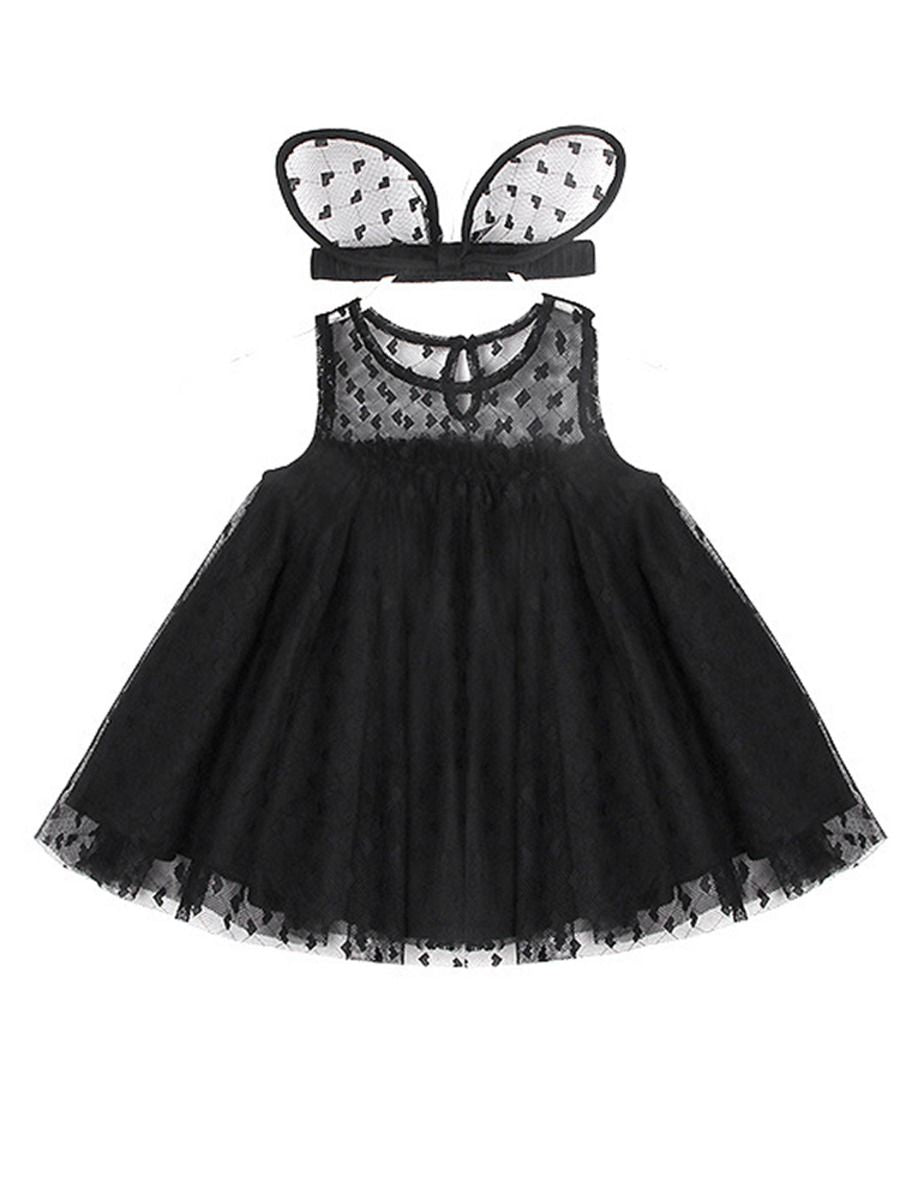 Baby Little Girl Black Sleeveless Party Dress with Headband