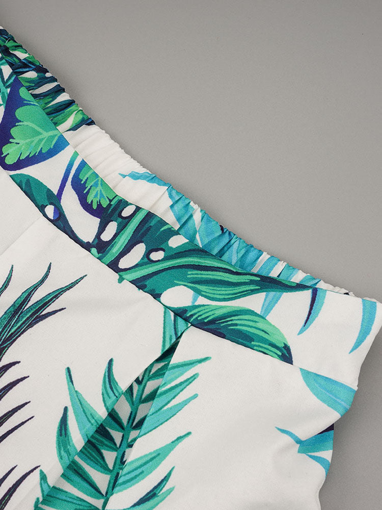 Baby Little Girl Leaf Print Sleeveless Top With Shorts