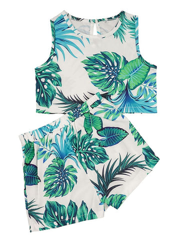 Baby Little Girl Leaf Print Sleeveless Top With Shorts