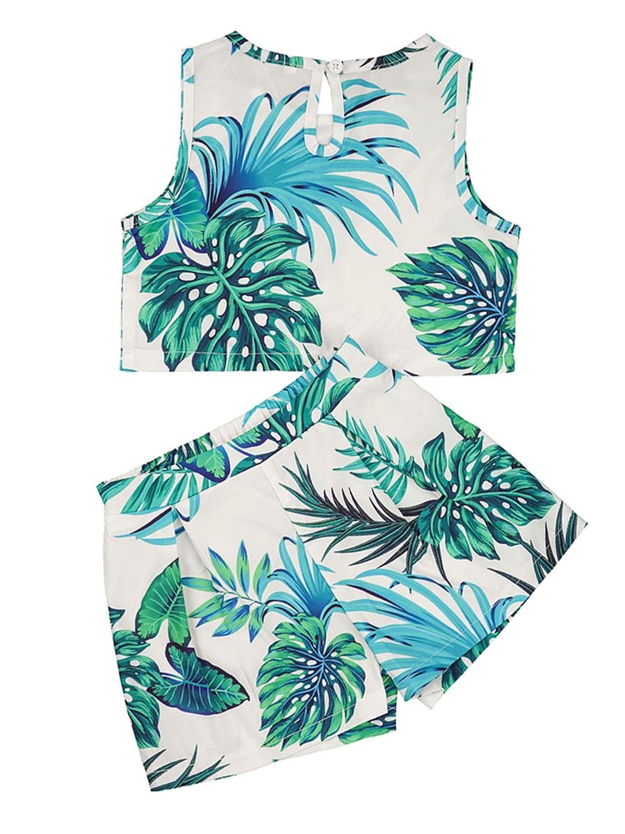 Baby Little Girl Leaf Print Sleeveless Top With Shorts