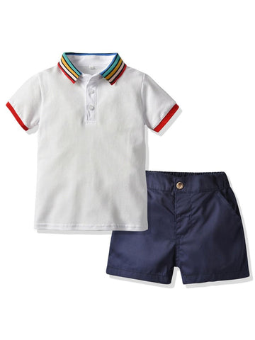 Boys Rainbow Color Collar Polo T-shirt With Shorts