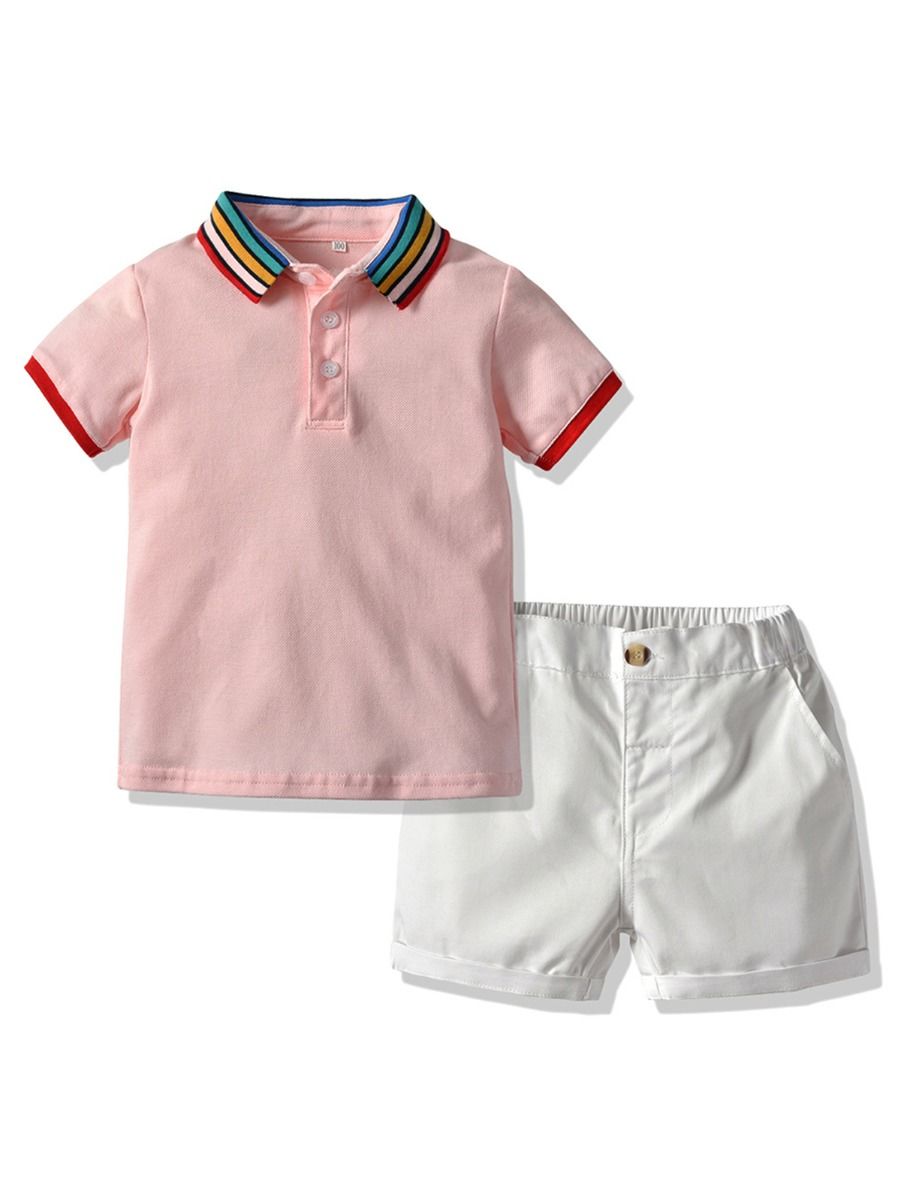 Boys Rainbow Color Collar Polo T-shirt With Shorts