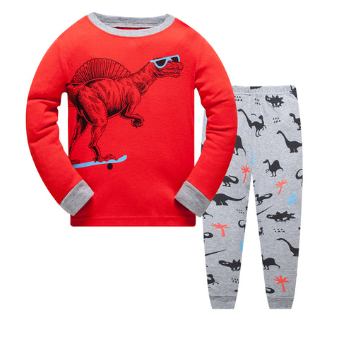 100% Cotton Kids Dinosaur Red Pajama Set