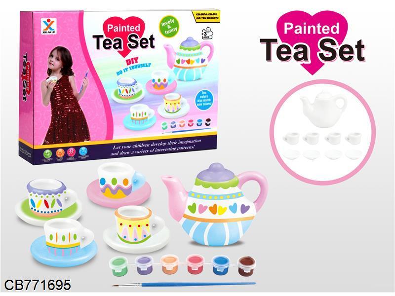Pretend Play Ceramic Painting Tea Set DIY Toy for 3+ Ages	